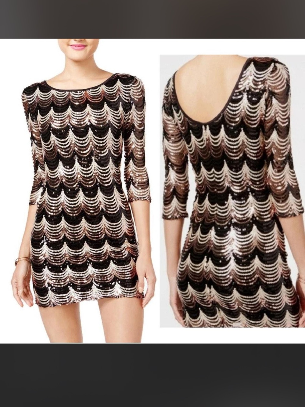Crystal Doll Black and Gold Sequin Backless Scoop-Back Bodycon Dress